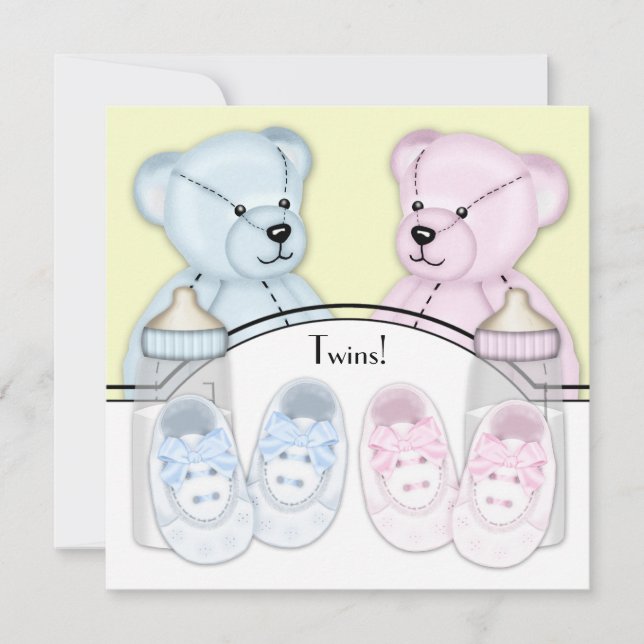 Convites Chá de Bebê Gêmeos Urso de Pelúcia Rosa Azul (Frente)