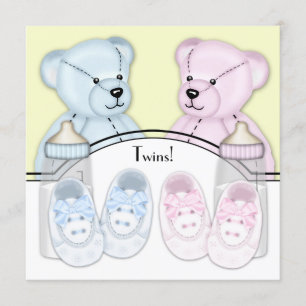 Convites Chá de Bebê Gêmeos Urso de Pelúcia Rosa Azul