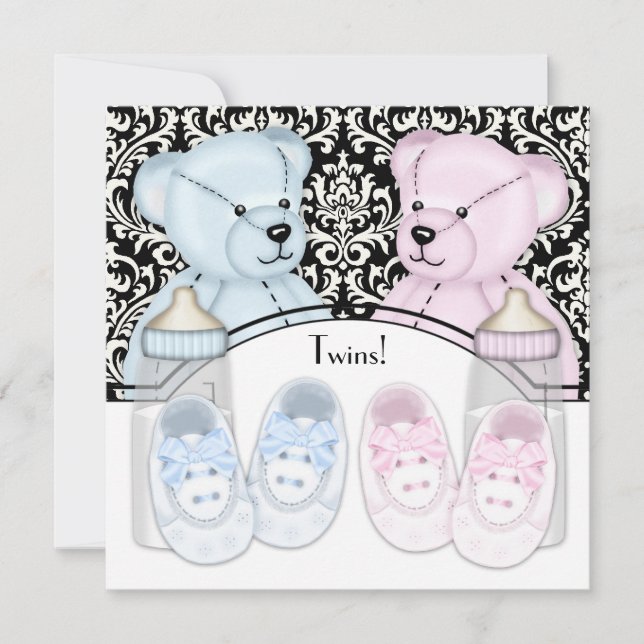 Convites Chá de Bebê Gêmeos Urso Teddy Rosa Azul Damask Pre (Frente)