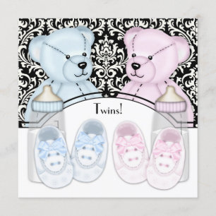 Convites Chá de Bebê Gêmeos Urso Teddy Rosa Azul Damask Pre