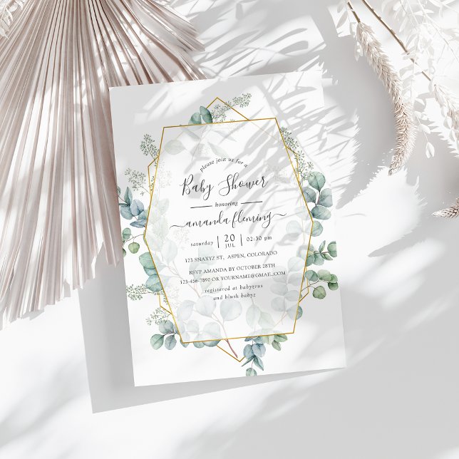 Convites Chá de Bebê Geométrico de Eucalipto em Aquarela (Watercolor Eucalyptus Geometric Baby Shower Invitation)