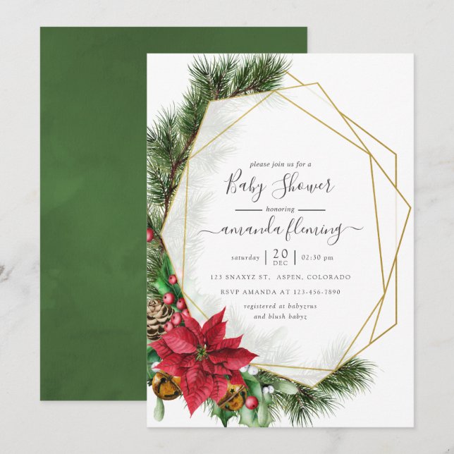 Convites Chá de Bebê Geométrico de Natal Floral em Aquarela (Frente/Verso)