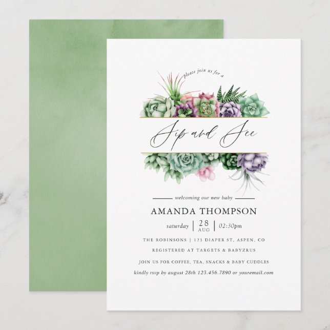 Convites Chá de Bebê Geométrico Suculento Sip e See (Frente/Verso)