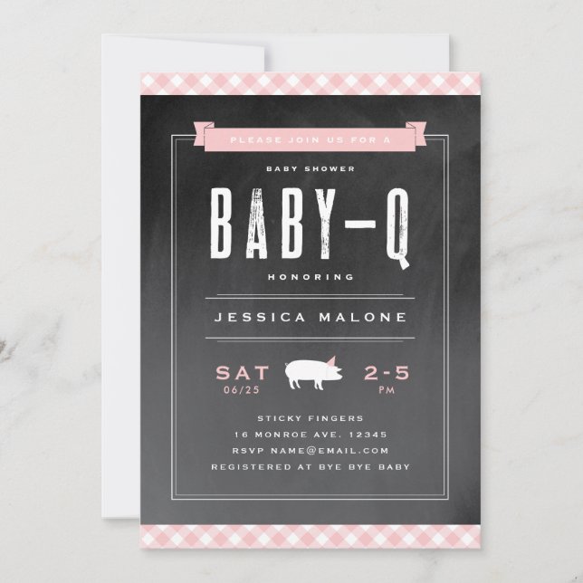 Convites Chá de Bebê Gingham Baby BBQ Rosa (Frente)