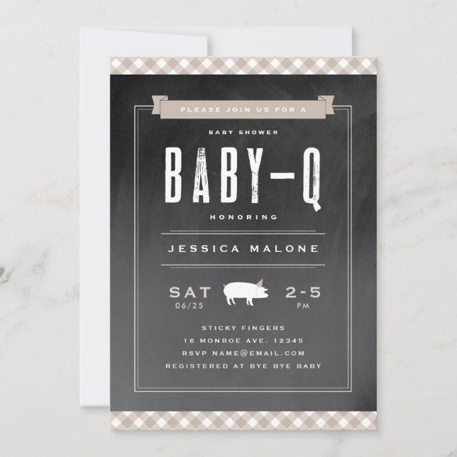 Convites Chá de Bebê Gingham BBQ Neutro Bege (Frente)