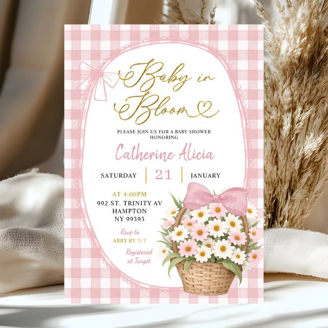 Convites Chá de Bebê Gingham Coquette Daisy Baby in Bloom (Criador carregado)