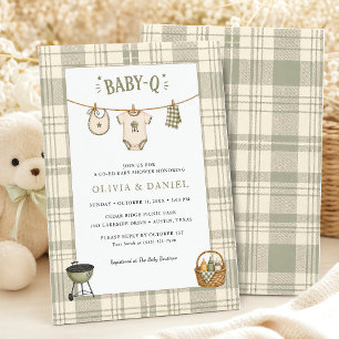 Convites Chá de Bebê Gingham Verde Salvia Churrasco Rústico