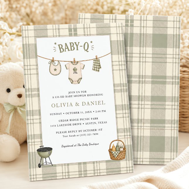 Convites Chá de Bebê Gingham Verde Salvia Churrasco Rústico (Sage Green Gingham Baby Shower Rustic BBQ Invitation)