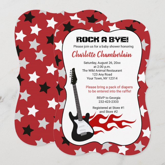 Convites Chá de Bebê Guitarrista de Rock Vermelho Até Dormi (Frente/Verso)