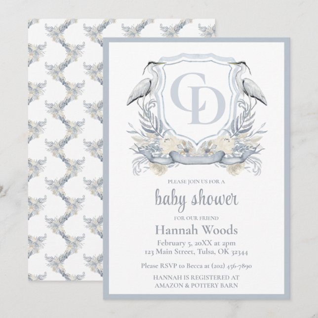 Convites Chá de Bebê Heron Interlocking Monogram (Frente/Verso)