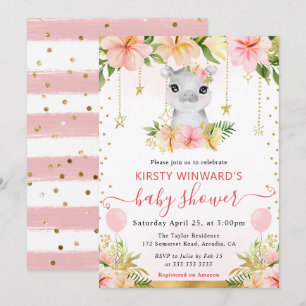 Convites Chá de Bebê Hipopótamo Floral em Aquarela na Selva