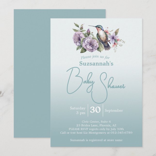 Convites Chá de Bebê Humming Bird Aqua Ombre  (Frente/Verso)
