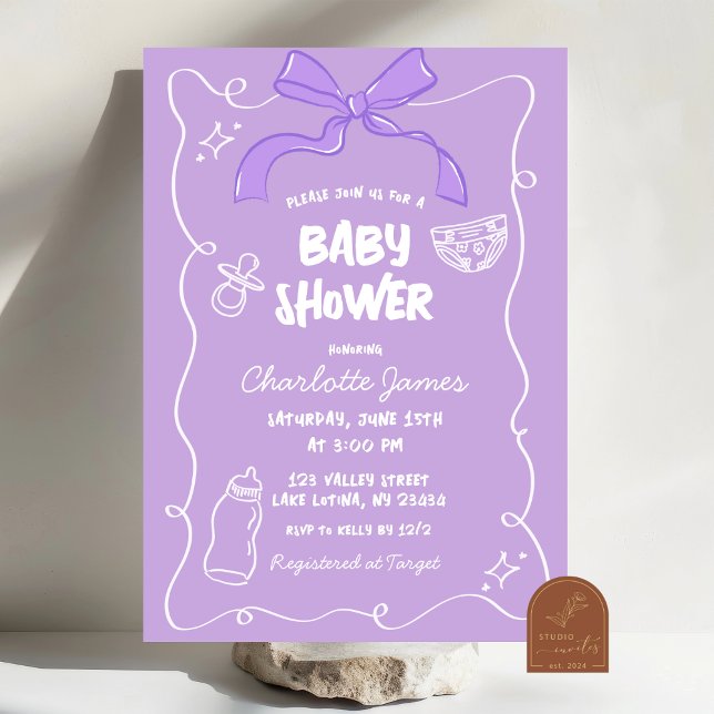 Convites Chá de Bebê Ilustrado Excêntrico com Laço Roxo (Criador carregado)