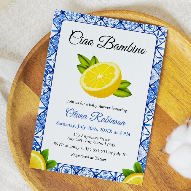 Convites Chá de Bebê Italian Blue Tile Ciao Bambino  (Blue Tile Mediterranean Italian Ciao Bambino Baby Shower Invitation   )