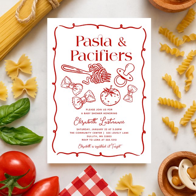 Convites Chá de Bebê Italiano Desenhado à Mão com Massa & C (Pasta & Pacifiers Red Hand Drawn Pasta Baby Shower Invitation)