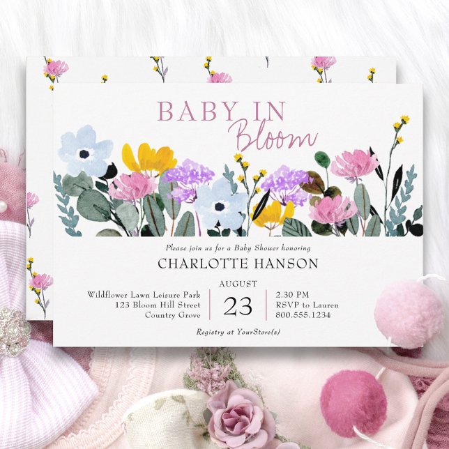 Convites Chá de Bebê Jardim de Flores Selvagens Baby in Blo (Baby in Bloom baby shower invitation from my Wildflower Lawn collection)