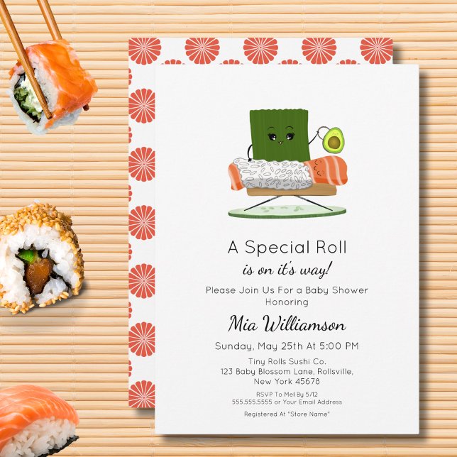Convites Chá de Bebê Kawaii: Tema de Sushi e Rolinho de Sal (Criador carregado)