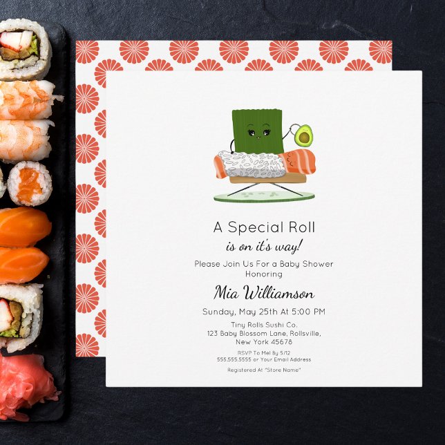 Convites Chá de Bebê Kawaii: Tema de Sushi e Rolinho de Sal (Criador carregado)