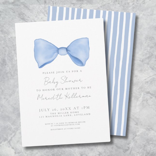 Convites Chá de Bebê Laço Azul Simples (Simple Blue Bow Baby Shower Invitation)