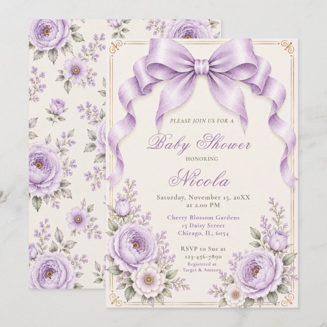 Convites Chá de Bebê Laço Coquete Flor de Lavanda (Frente/Verso)