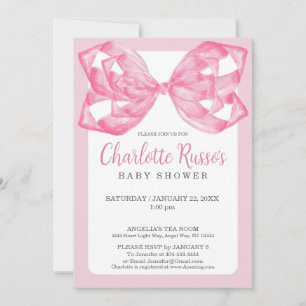 Convites Chá de Bebê Laço de Fita Rosa Elegante em Aquarela