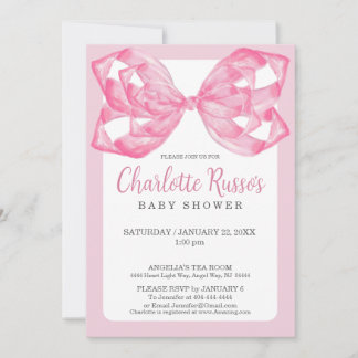 Convites Chá de Bebê Laço de Fita Rosa Elegante em Aquarela