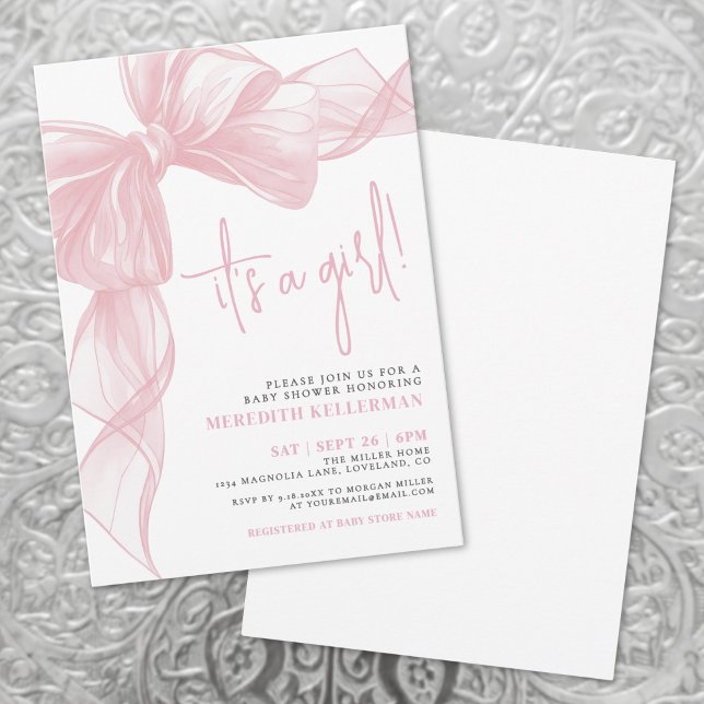 Convites Chá de Bebê Laço Rosa (Modern Pink Bow Baby Shower Invitation)