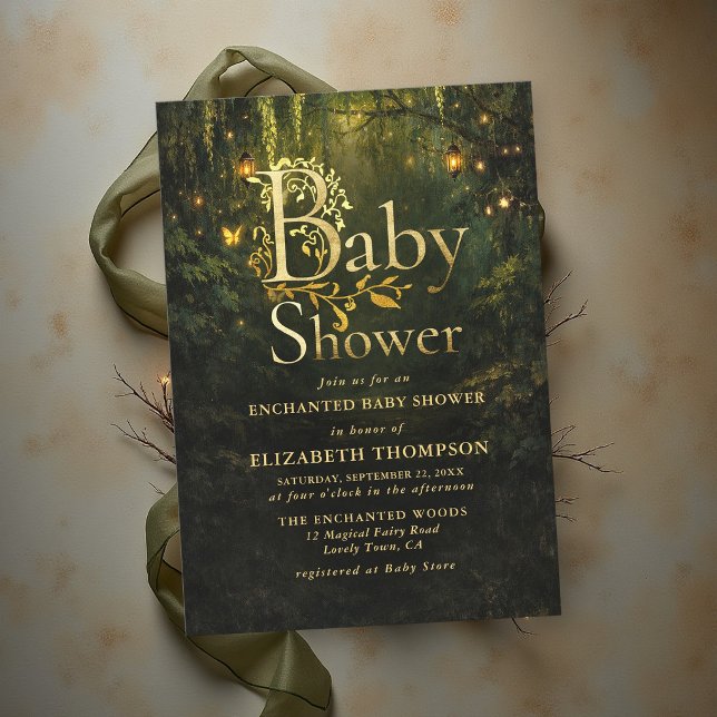 Convites Chá de Bebê Lanternas Floresta Encantada do Livro  (enchanted forest baby shower storybook fairytale golden lanterns butterflies magical fairy woodland)