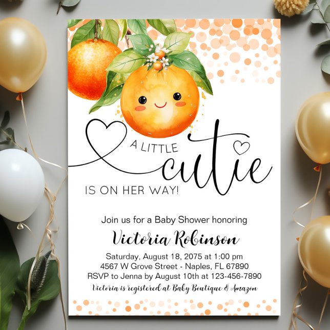 Convites Chá de Bebê Laranja Little Cutie (Sweet little cutie baby shower invitation with adorable face. Easily customize for your event.)