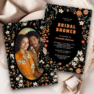 Convites Chá de Bebê Laranja Preto Groovy Flor Silvestre
