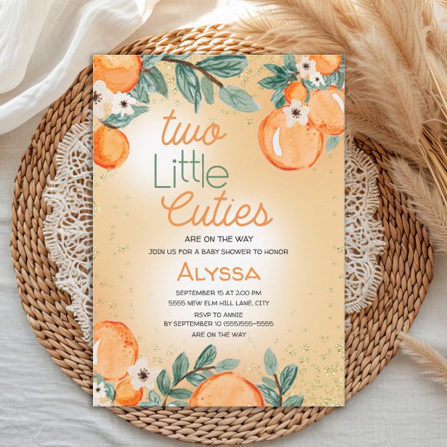 Convites Chá de Bebê Laranja Verde Gêmeos Fofinhos (Two Little Cuties twin baby shower invitation)