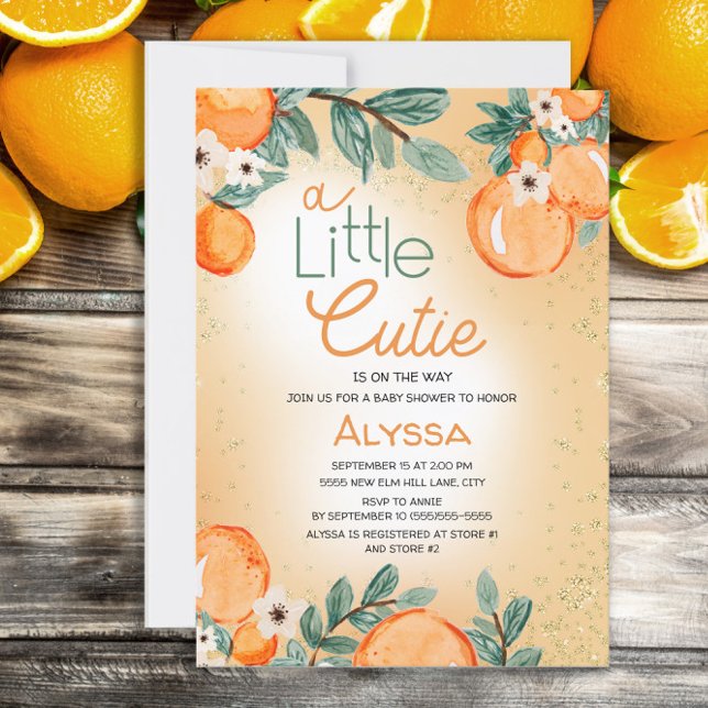Convites Chá de Bebê Laranja Verde Little Cutie Menina Meni (Criador carregado)