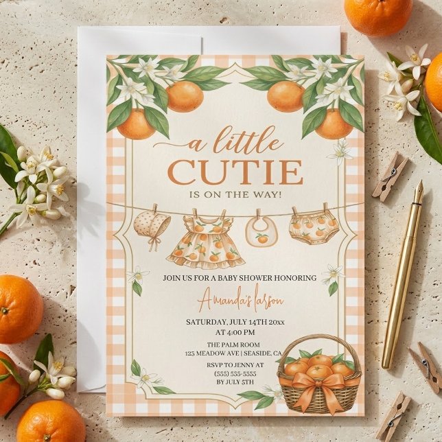 Convites Chá de Bebê Laranja Xadrez Little Cutie (Criador carregado)