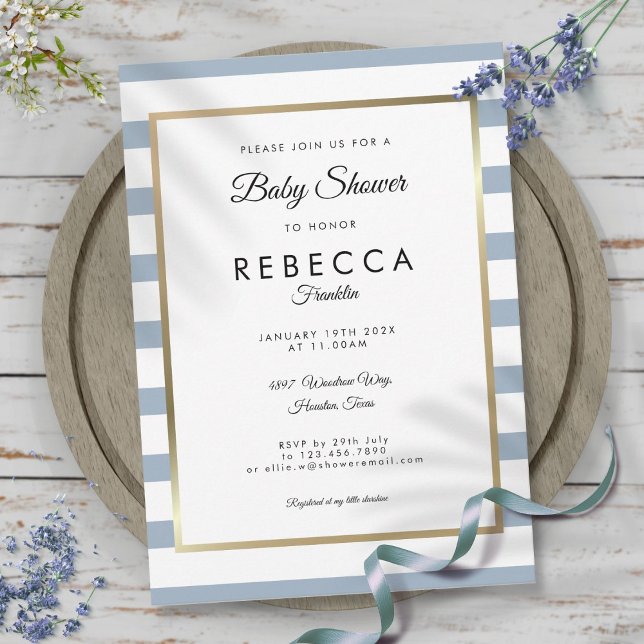 Convites Chá de Bebê Listra Azul Desbotado Dourado (Dusty Blue Stripe Gold Baby Shower Invitation)