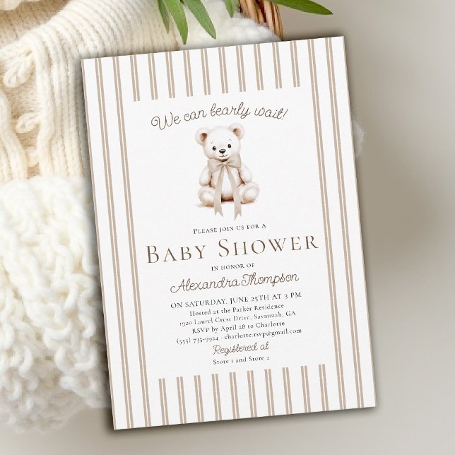 Convites Chá de Bebê Listras Bege Neutro Urso de Pelúcia (bearly wait baby shower invitation traditional classic nursery stripes teddy bear bow watercolor)