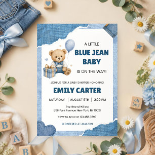 Convites Chá de Bebê Little Blue Jean Urso de Pelúcia em