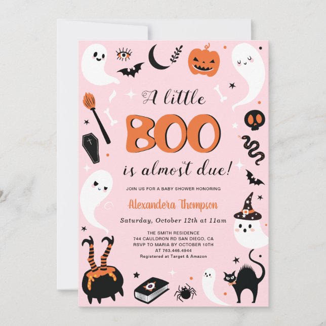 Convites Chá de Bebê Little Boo de Halloween Rosa (Frente)