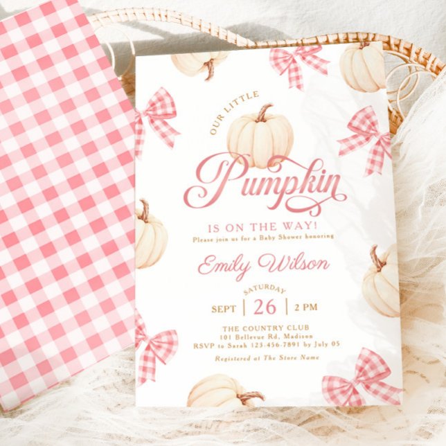 Convites Chá de Bebê Little Pumpkin Pink Bows Gingham (Criador carregado)