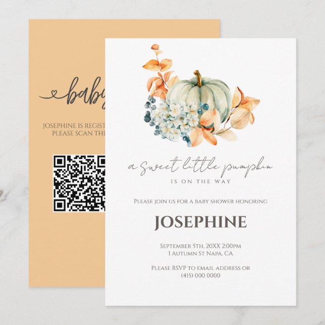 Convites Chá de Bebê Little Pumpkin QR Registro (Frente/Verso)