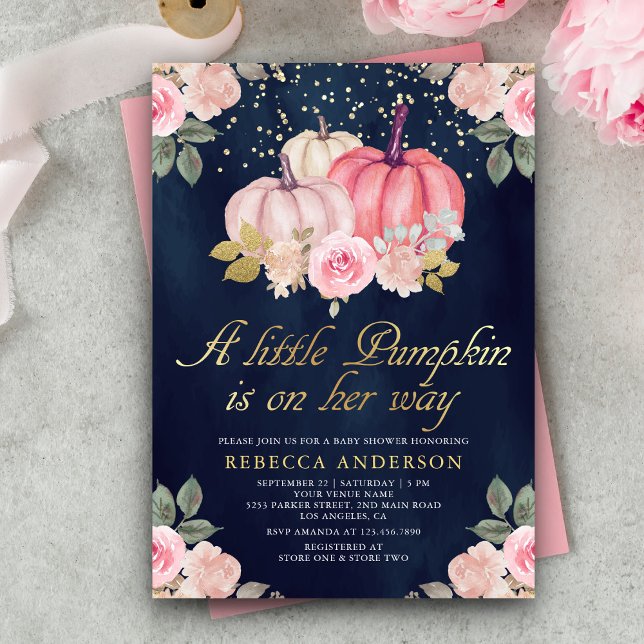 Convites Chá de Bebê Little Pumpkin Rosa Dourado Floral Azu (Criador carregado)