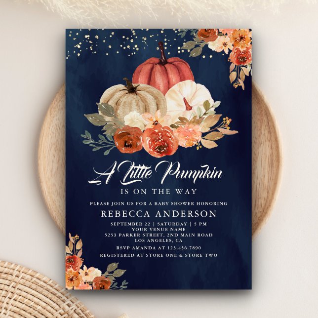 Convites Chá de Bebê Little Pumpkin Rustic Navy Terracotta (Criador carregado)