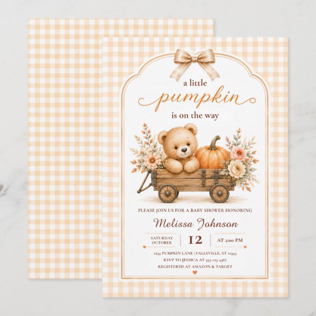 Convites Chá de Bebê Little Pumpkin Teddy Wagon (Frente/Verso)