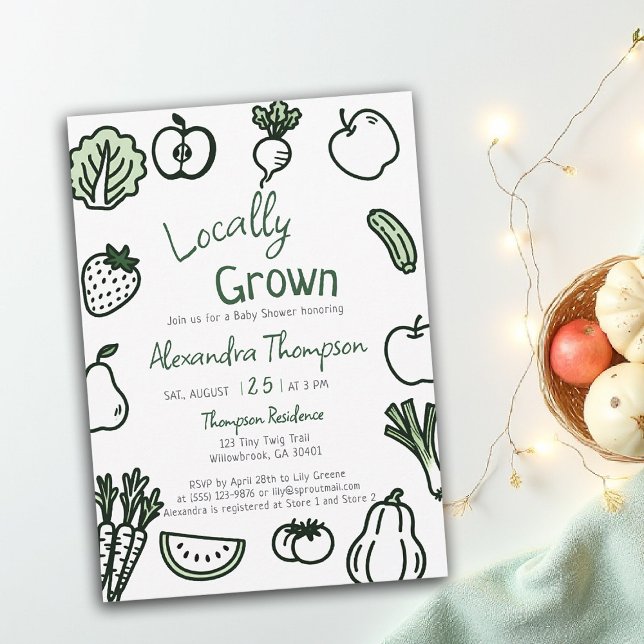Convites Chá de Bebê Localmente Cultivado Desenhado à Mão F (locally grown baby shower invitation hand drawn produce farm fresh green script written gingham)