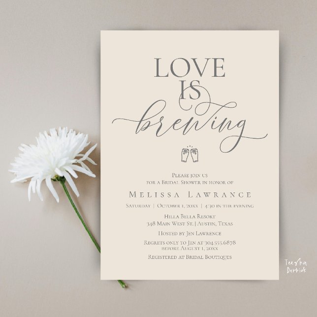 Convites Chá de Bebê Love Is Brewing | Letra Elegante (Love Is Brewing Bridal Shower | Elegant Script Invitation Card in Grey Cream)