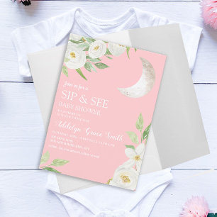 Convites Chá de Bebê Lua Branca Floral Rosa Sip See