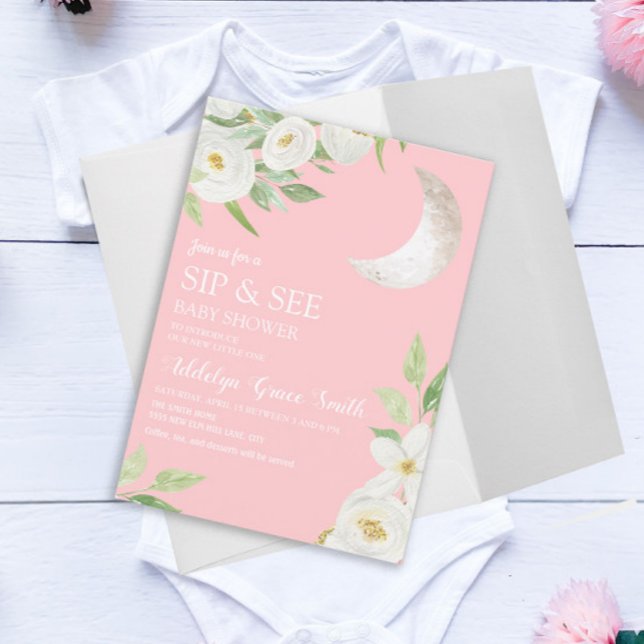Convites Chá de Bebê Lua Branca Floral Rosa Sip See (Criador carregado)