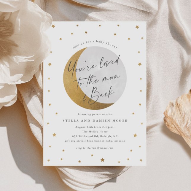 Convites Chá de Bebê Lua e Estrelas (Elegant Script Gold Moon and Stars Gender Neutral Baby SHower Invitations.)