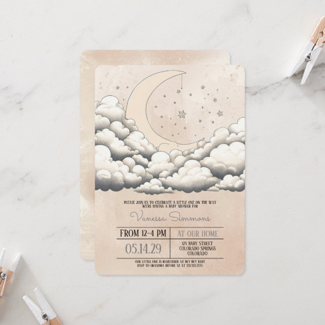 Convites Chá de Bebê Lua e Estrelas (Frente/Verso In Situ)
