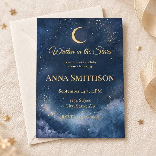 Convites Chá de Bebê Lua e Estrelas em Dourado Naval (Navy and gold moon-and-stars baby shower invitation on ivory linen. Gold details are printed artwork.)