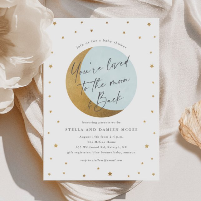 Convites Chá de Bebê Lua e Estrelas Script (Elegant Script Gold Moon and Stars Blue Boys Baby SHower Invitations.)